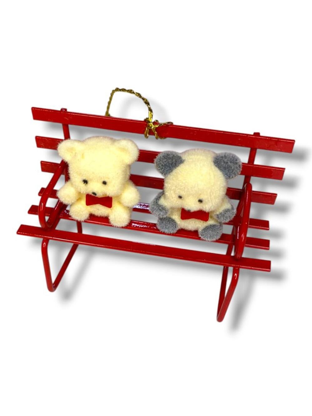 Vintage Flocked Teddy Bears on Metal Bench Christmas Ornament 3"